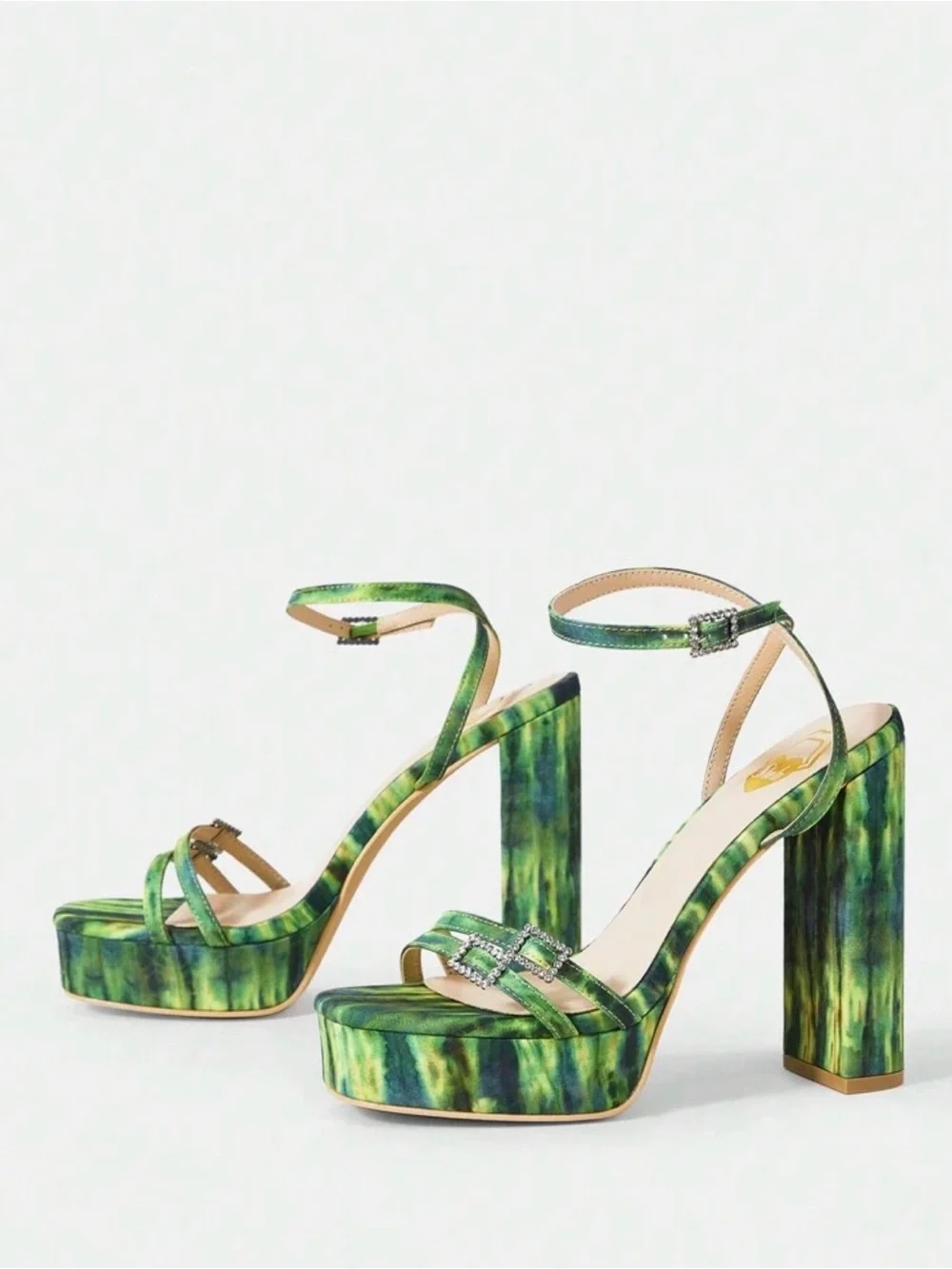 NWOT Green Tie Dye Watermelon Platform Block Heel Sandal Rhinestone Buckles